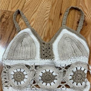 H&M Beige and White Crochet Top